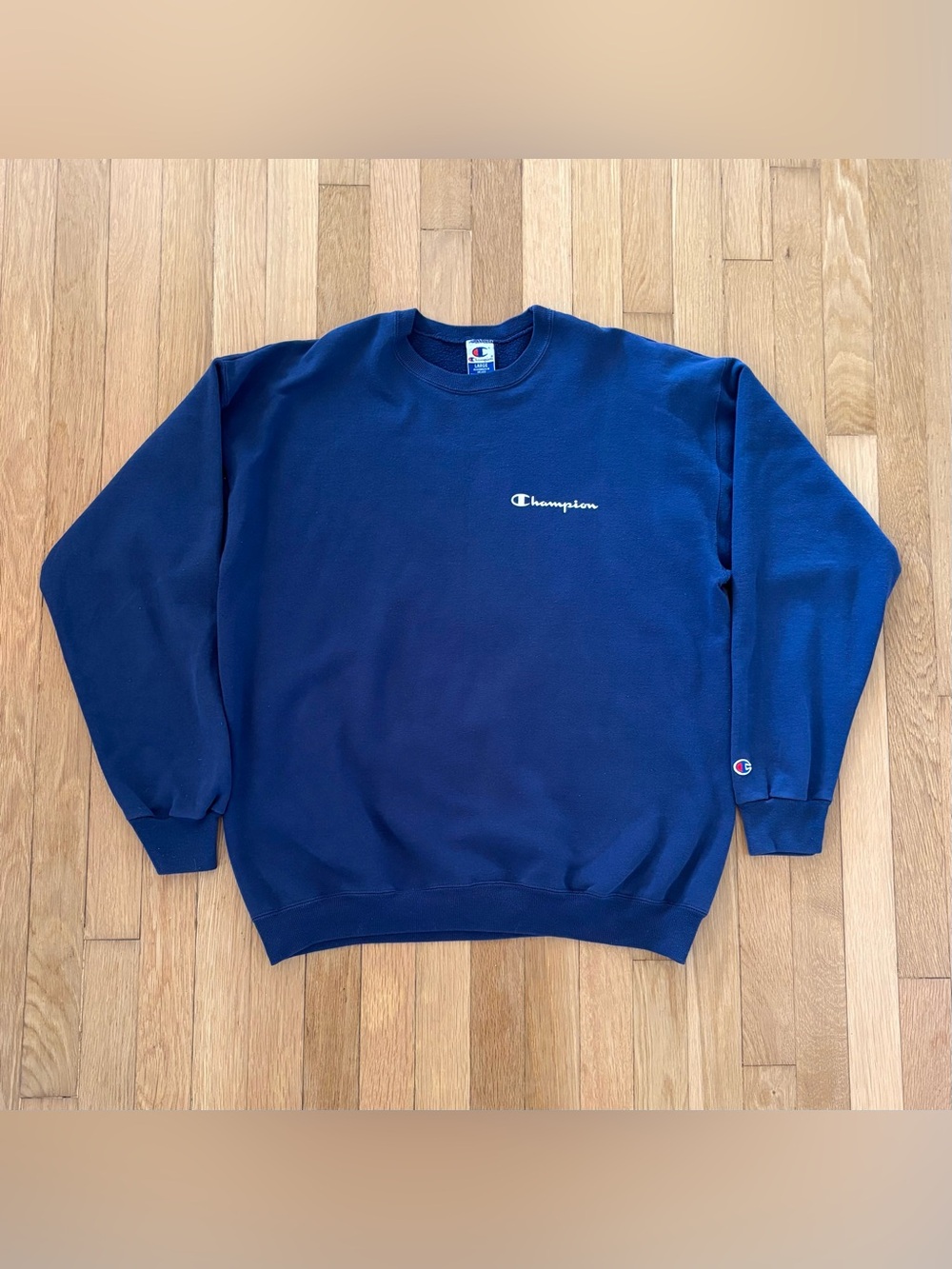 Vintage 90s Champion Crewneck Sweatshirt Mexico Large Blue Spellout Baggy Skate